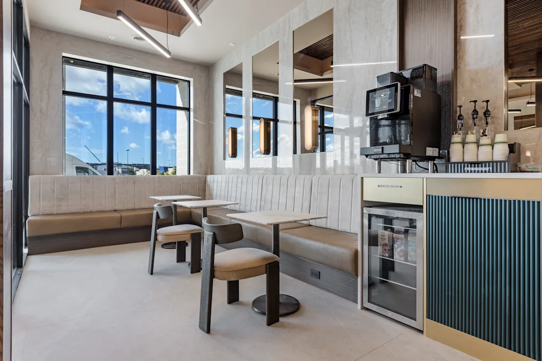 The lobby coffee bar with its counter and seating area