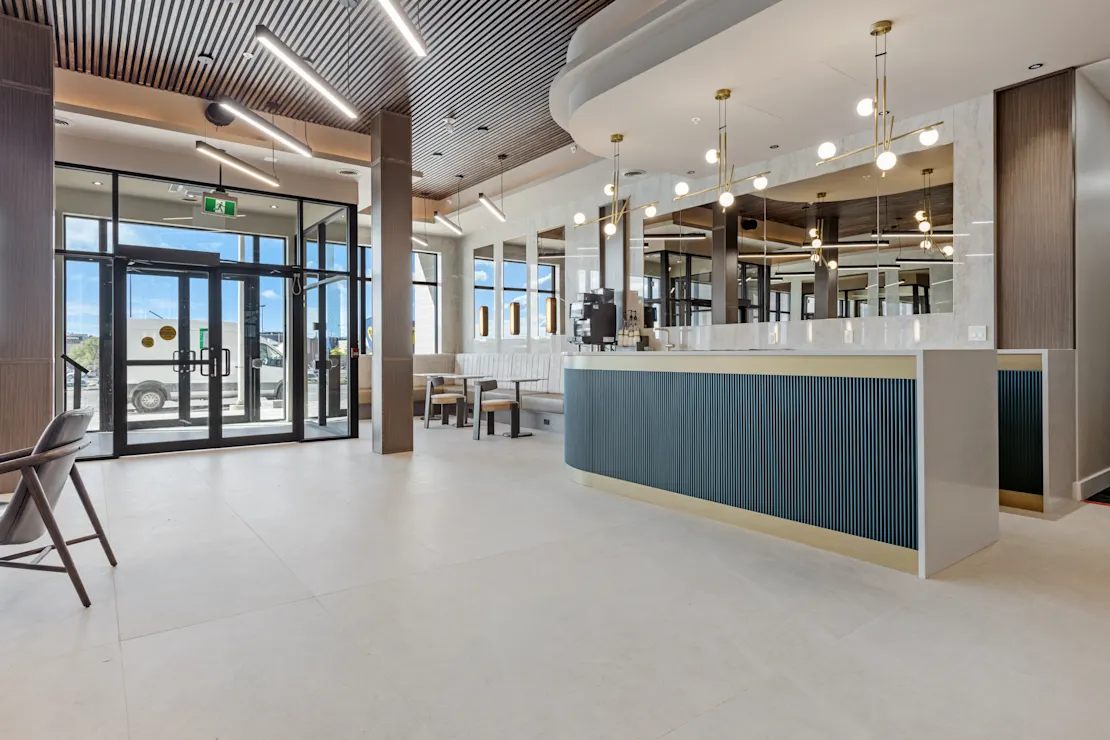 Entrance lobby looking out through the glass doors