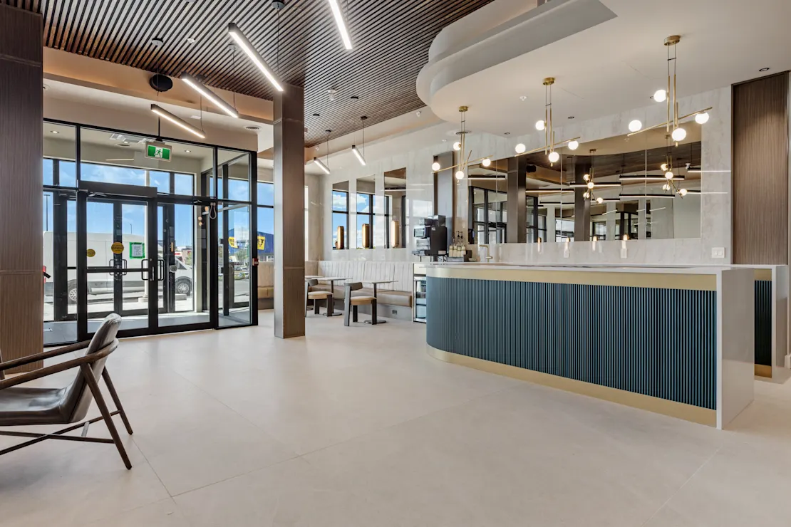 Reception with a curved front desk